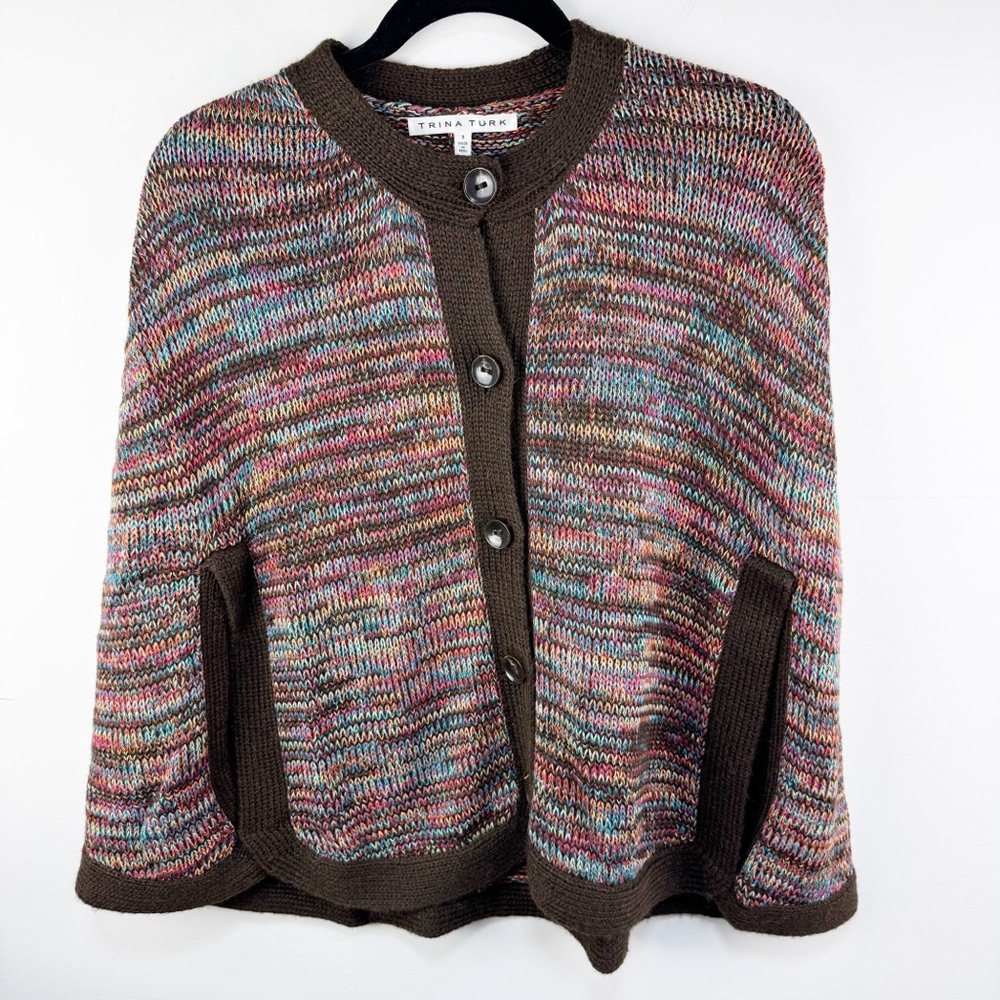 Trina Turk Alpaca Wool Blend Button Cape Cardigan Sweater Multicolor Brown Sz S